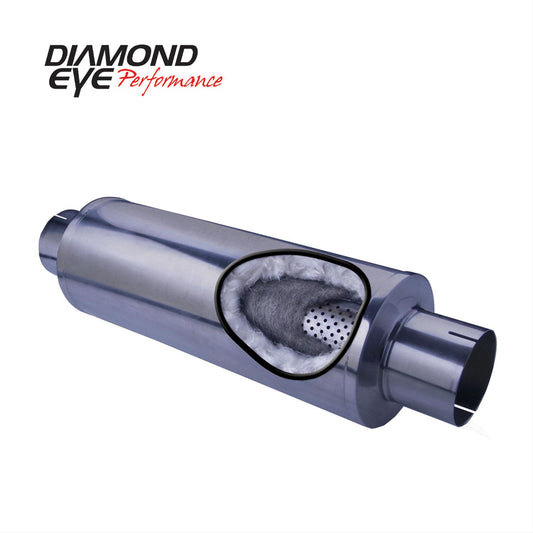 Diesel Muffler 32 Inch Round 4 Inch Center Inlet/Dual Outlet Stainless Performance Perforated Diamond Eye