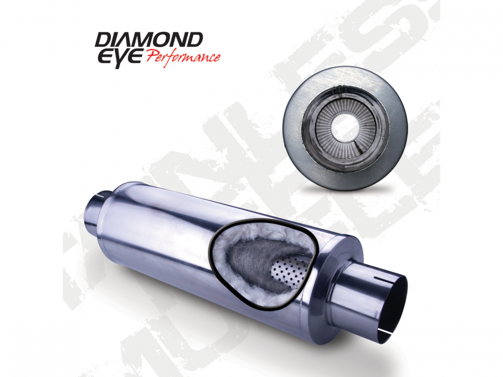 Diesel Muffler 30 Inch Round 5 Inch Center Inlet/Outlet Stainless Performance Perforated Diamond Eye