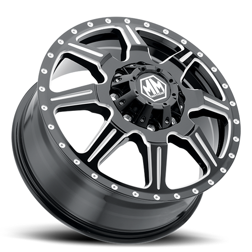 Mayhem Dually Wheels Monstir Dually 8101 GB-M 22x8.25 Front Dually Milled Spokes Black 127 Off Set 8 Lug 9.63 BSM 124.9 Bore 170 Bolt Circle Cast Aluminum