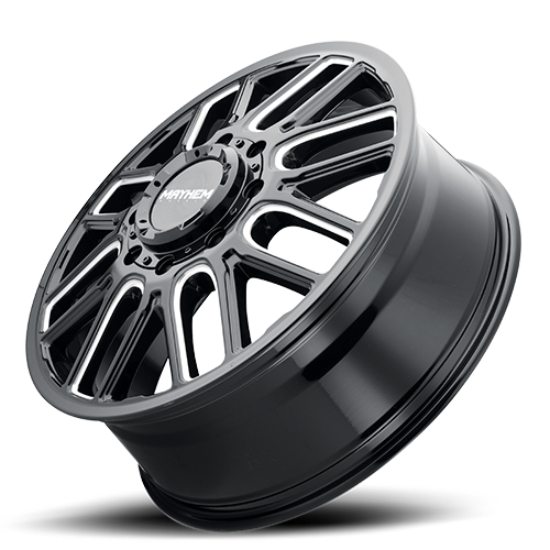 Mayhem Dually Wheels Cogent Dually 8107D 22x8.25 Front Dually Milled Spokes Gloss Black 115 Off Set 8 Lug 9.15 BSM 142 Bore Cast Aluminum